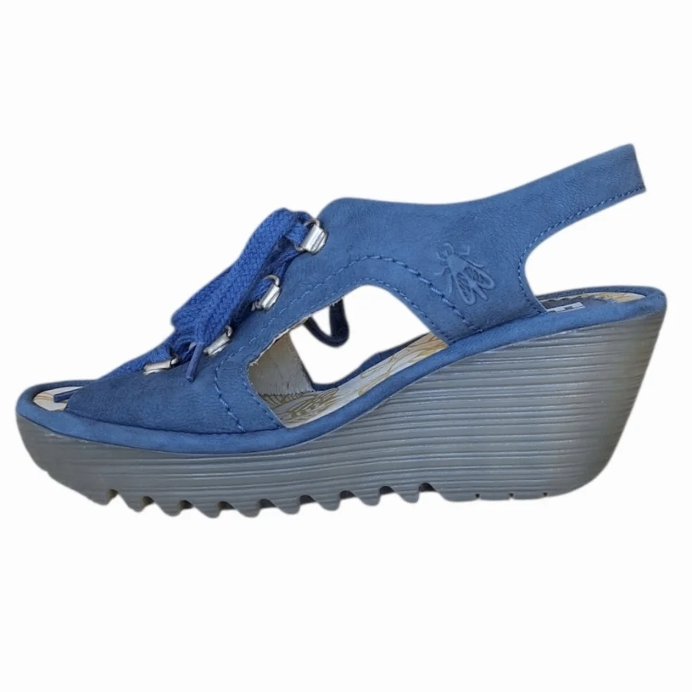 Fly London Blue Suede Wedges Lace Up EU 35  Girls 3.5  Womens 5